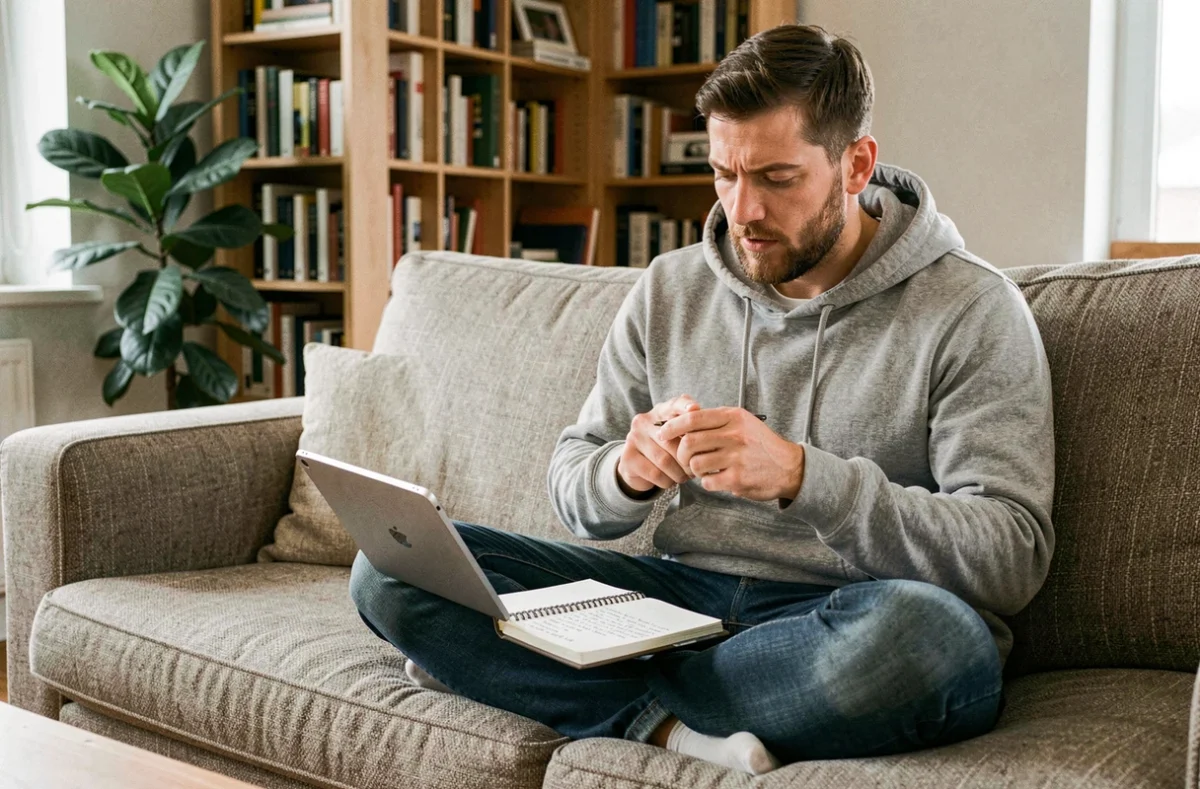Homme en train de consulter un carnet de notes manuscrites tout en jouant à un jeu d'escape room sur tablette dans son salon