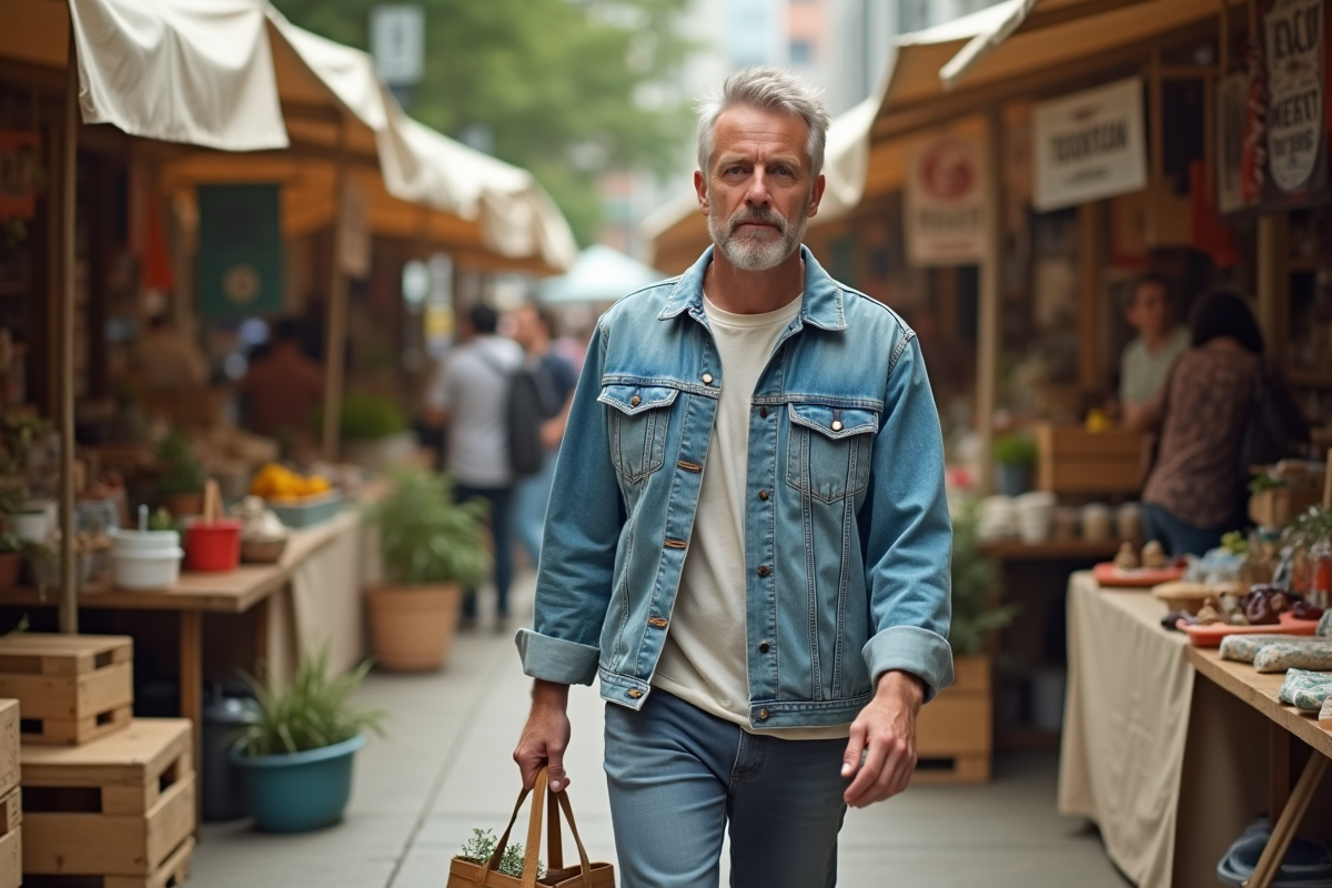 Homme dans un marché urbain avec vêtements recyclés