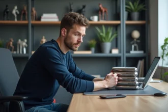 Homme en bureau examinant des tubes techniques avec scepticisme