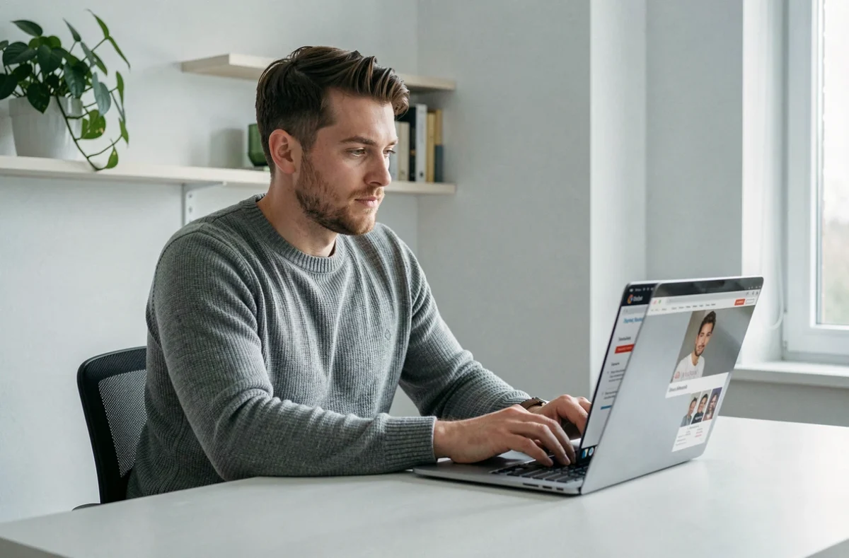 Homme consultant un site de rencontre gratuit sans inscription sur son ordinateur portable chez lui