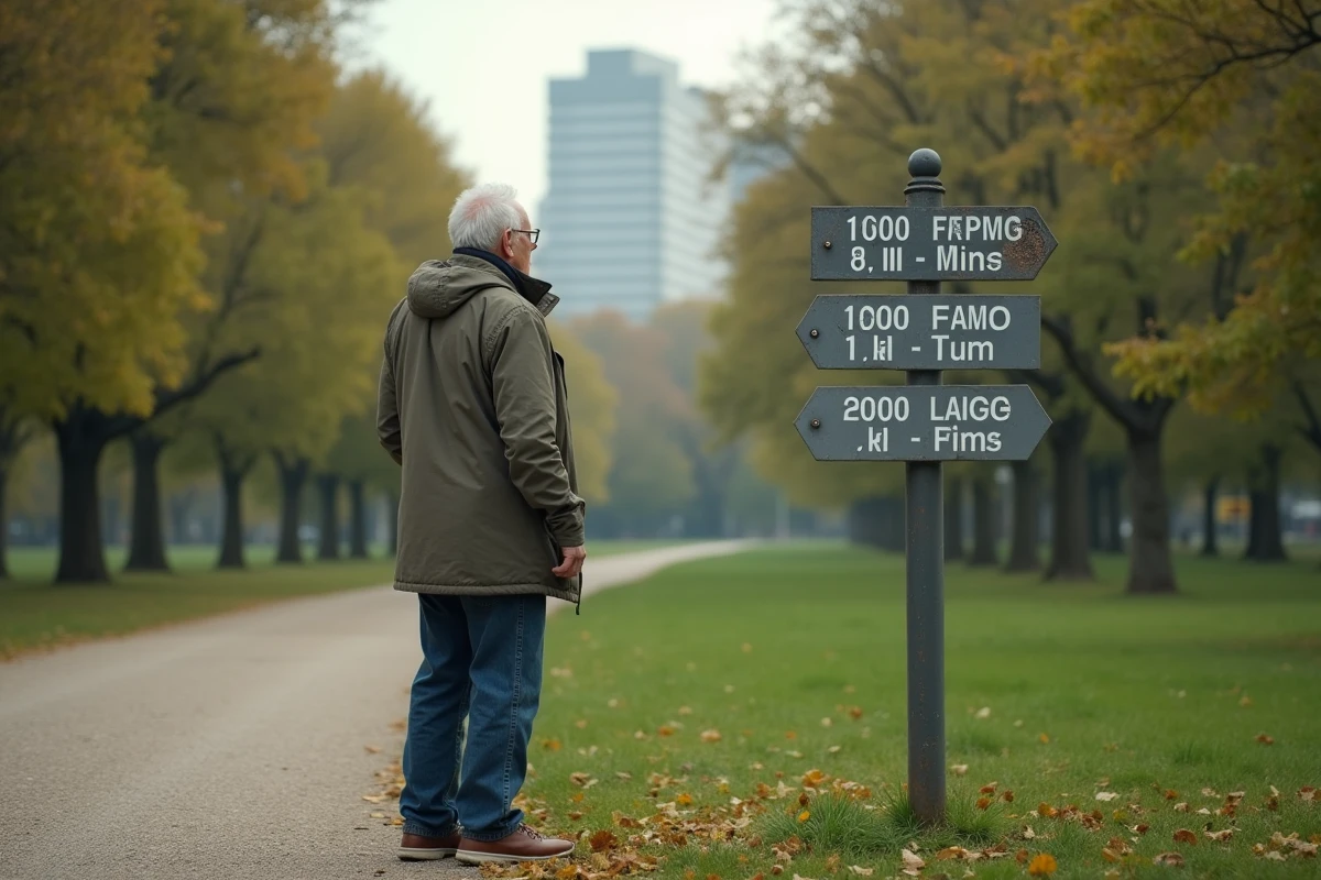 Homme âgé observant un panneau de distance dans un parc urbain