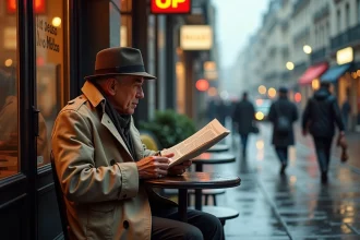 Homme en trench et chapeau dans un café parisien sous la pluie