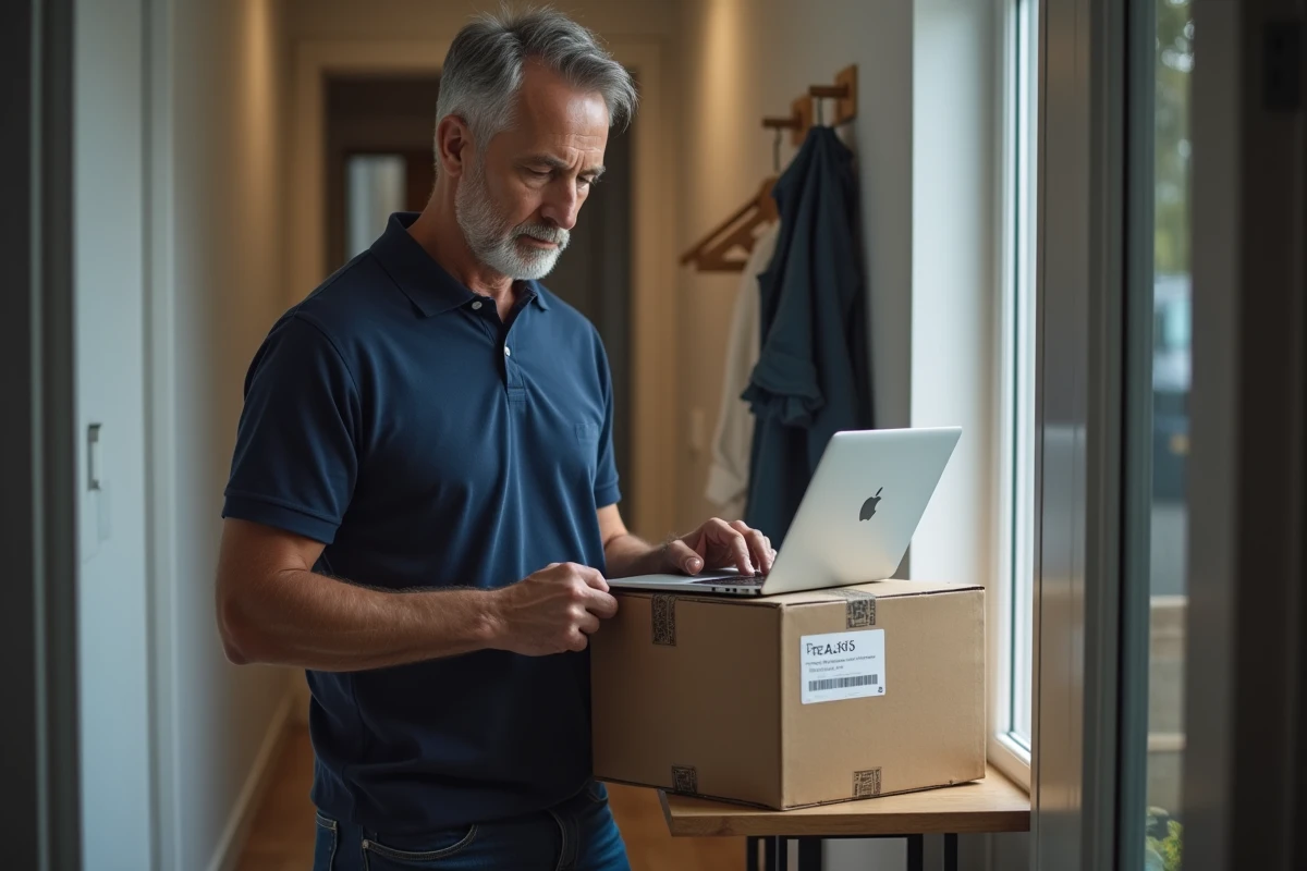 Homme partageant un numéro de suivi de colis DPD depuis une entrée d'appartement avec ordinateur portable