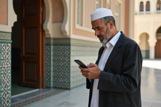 Homme en thobe blanc vérifiant l'heure de prière devant la mosquee