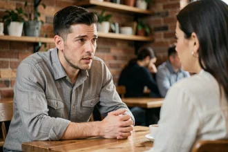 Homme sincère qui se confie à une femme dans un café, regard vulnérable et posture ouverte traduisant une confidence amoureuse
