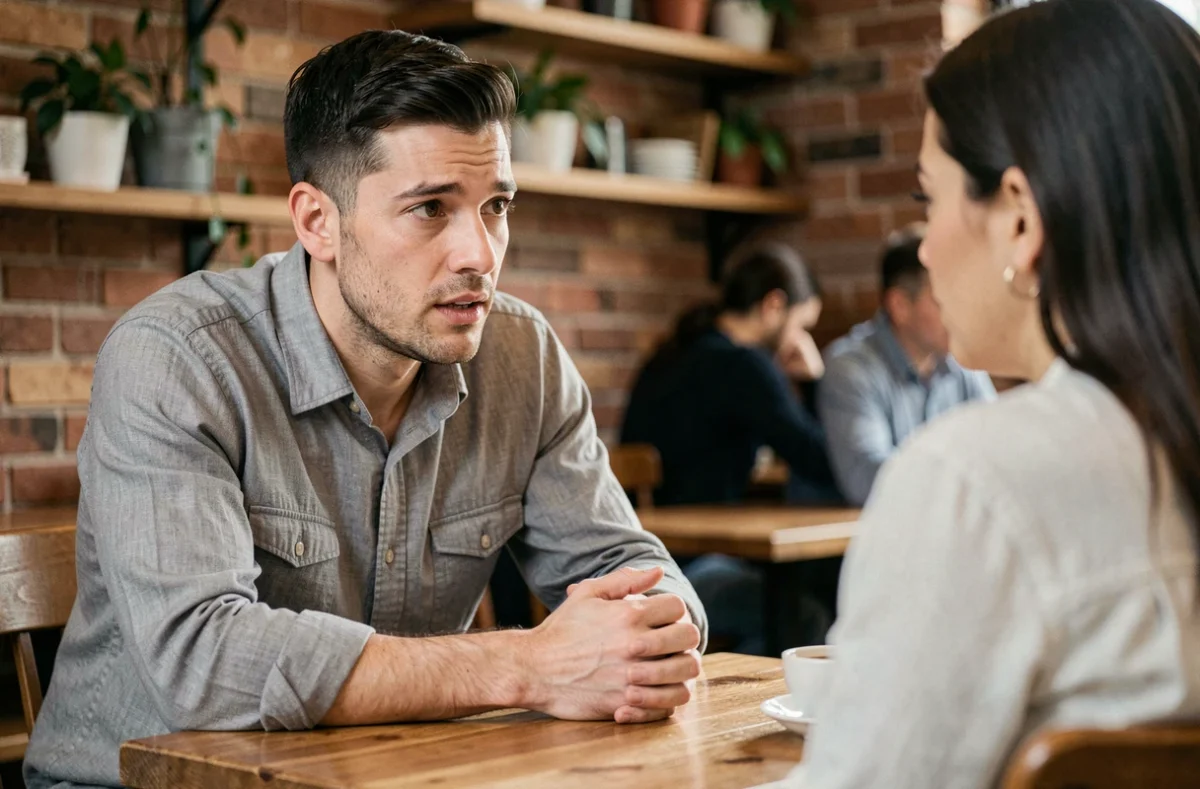 Homme sincère qui se confie à une femme dans un café, regard vulnérable et posture ouverte traduisant une confidence amoureuse