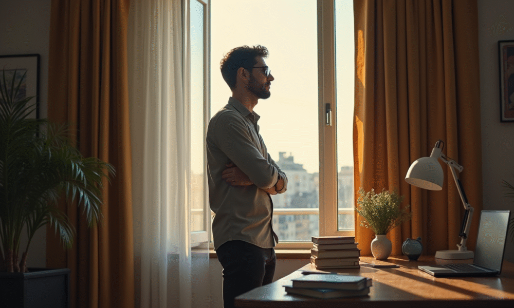 Homme pensif dans un appartement lumineux avec livres et ordinateur