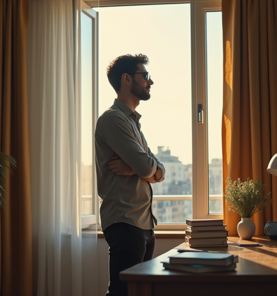 Homme pensif dans un appartement lumineux avec livres et ordinateur