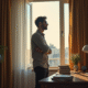Homme pensif dans un appartement lumineux avec livres et ordinateur