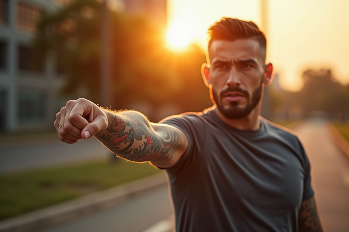 Homme confiant montrant son bras tatoue en plein air
