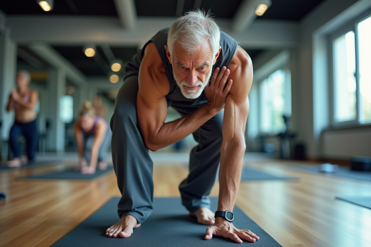 Homme âgé en yoga dans une salle de sport