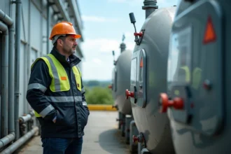 Ingénieur en sécurité près d'un réservoir d'hydrogène extérieur