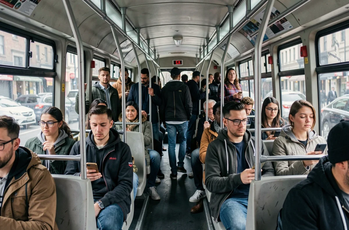 Intérieur d'un bus urbain avec des passagers en situation d'affluence modérée pendant les heures de pointe