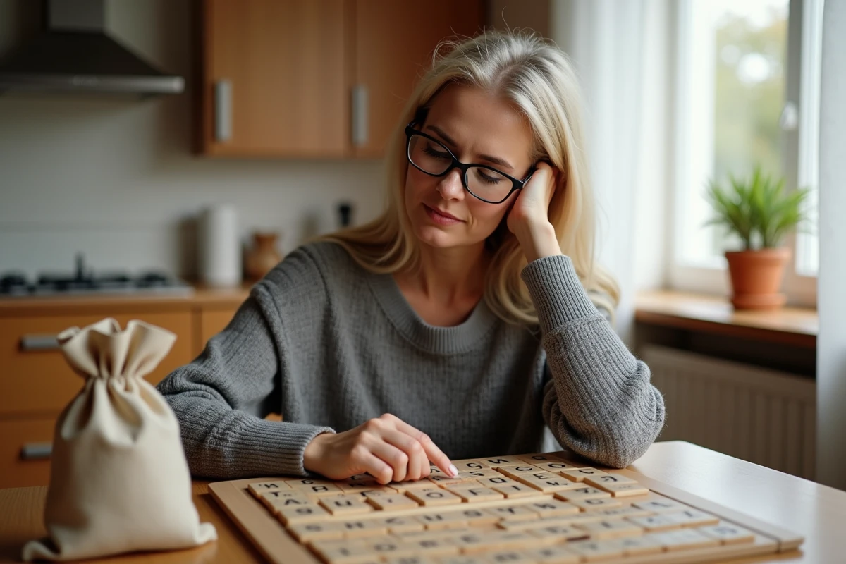 Femme jouant au Scrabble avec des lettres posées sur une table en bois dans une cuisine chaleureuse et confortable