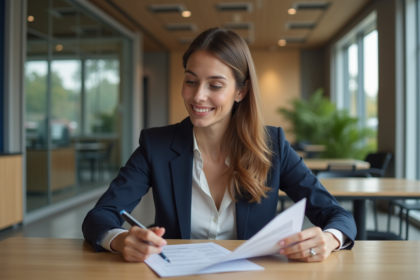 Jeune femme professionnelle dans une banque moderne souriante
