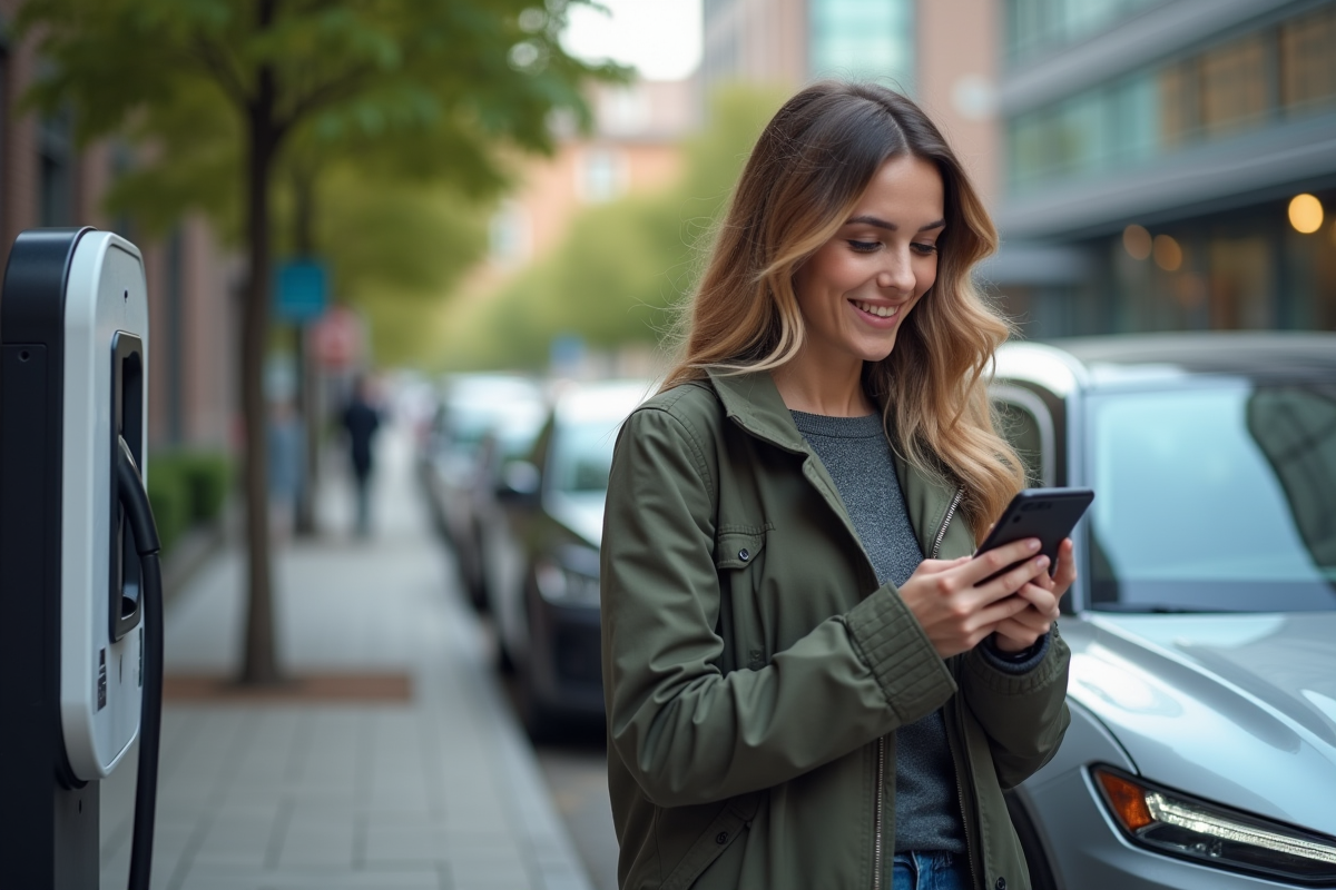 Jeune femme souriante vérifiant son smartphone près d'une voiture électrique urbaine