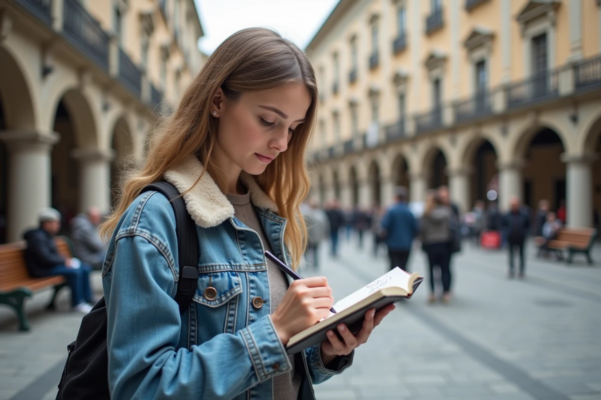 Jeune femme esquissant dans un lieu public animé