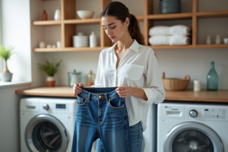 Jeune femme pliant un jean indigo dans la buanderie lumineuse