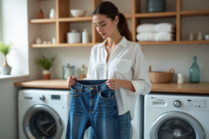 Jeune femme pliant un jean indigo dans la buanderie lumineuse