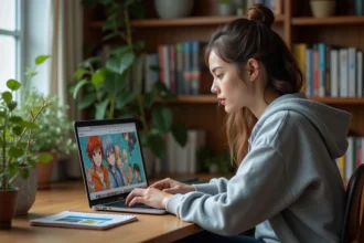 Jeune femme concentrée sur un ordinateur avec manga à la maison