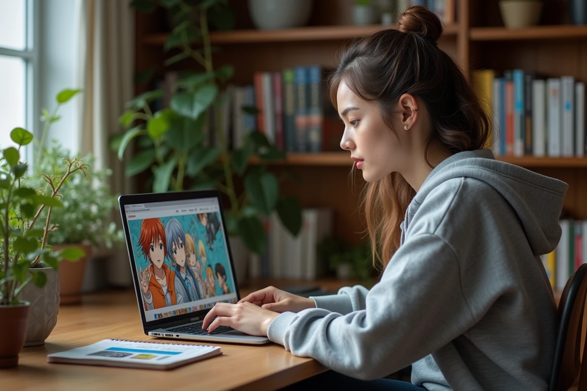 Jeune femme concentrée sur un ordinateur avec manga à la maison