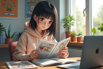Jeune femme lisant des scanlations de manga dans sa chambre lumineuse