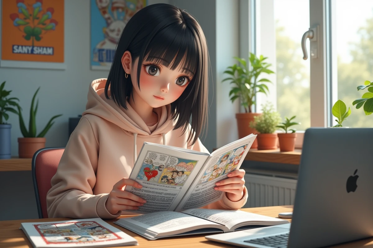 Jeune femme lisant des scanlations de manga dans sa chambre lumineuse