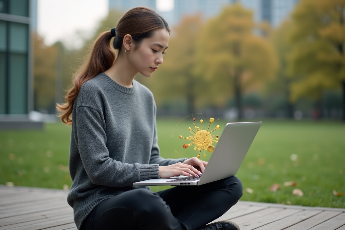 Jeune femme étudiant avec un ordinateur sur un deck en plein air