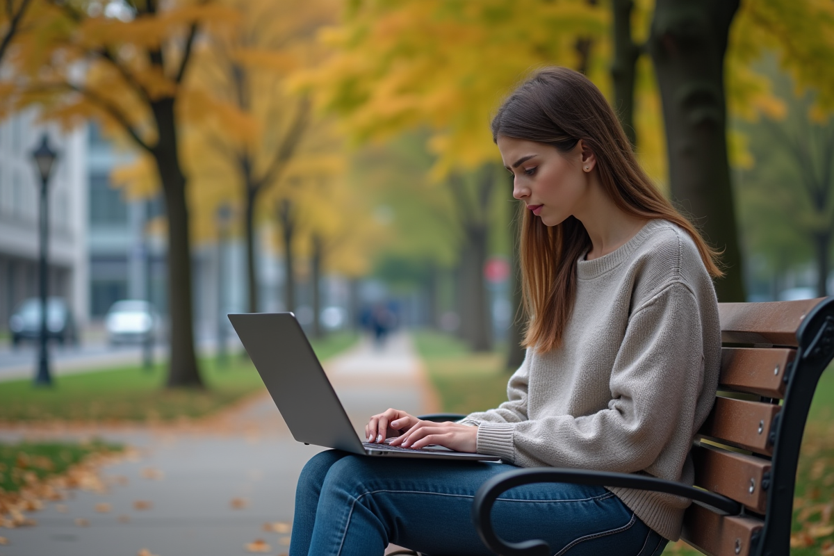 Jeune femme assise dans un parc urbain travaillant sur son ordinateur portable