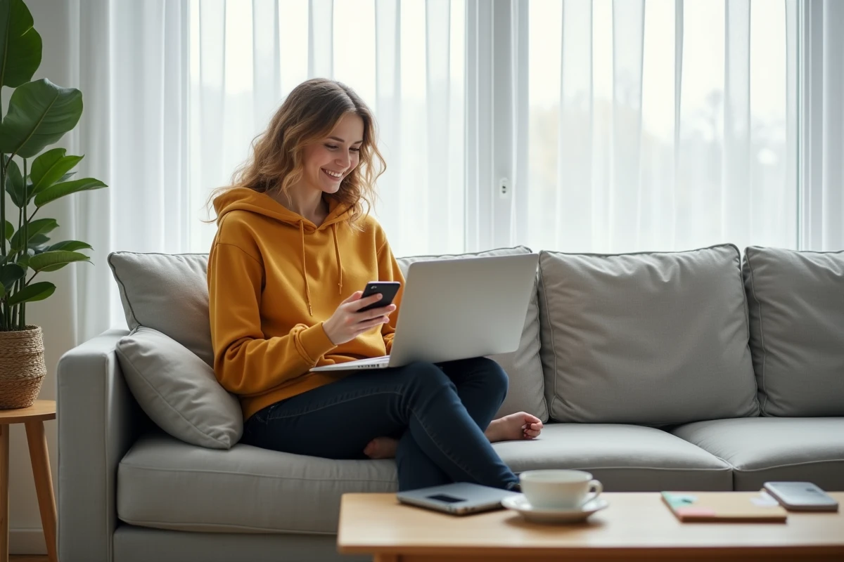 Jeune femme partageant un lien de suivi DPD depuis son canapé avec un ordinateur portable et un téléphone