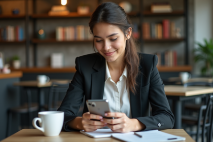 Jeune femme professionnelle utilisant ChatGPT au café