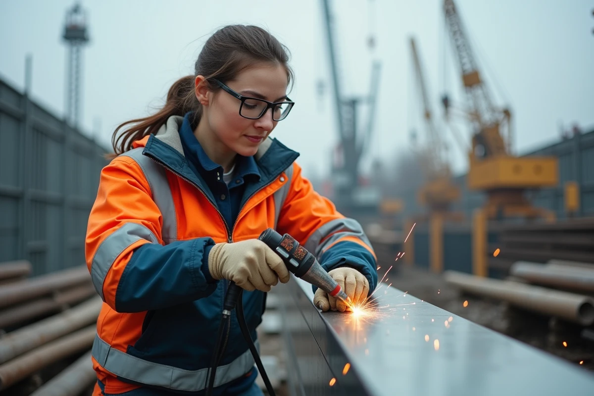 Jeune femme en extérieur utilisant un poste à souder moderne