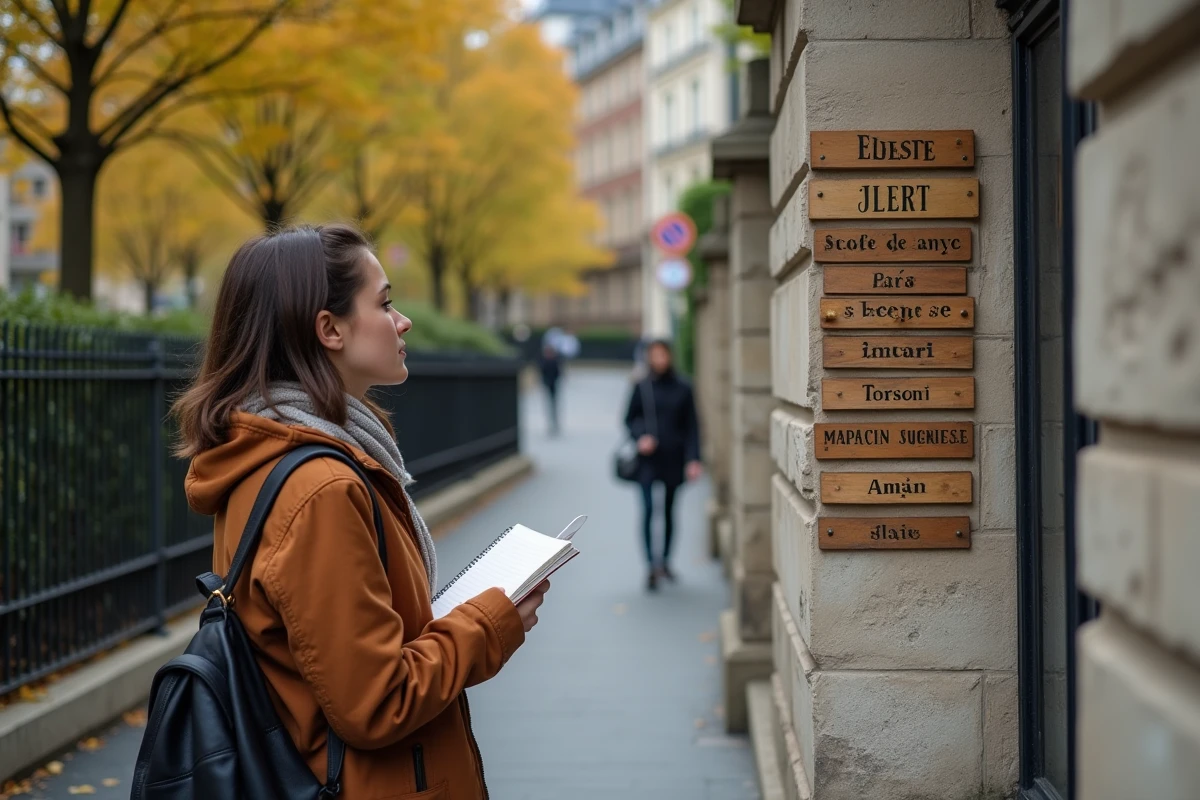 Jeune femme note des noms de rues sur un mur parisien