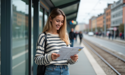 Jeune femme souriante à un arrêt de tram urbain