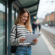 Jeune femme souriante à un arrêt de tram urbain