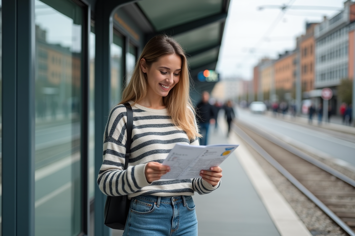 Jeune femme souriante à un arrêt de tram urbain
