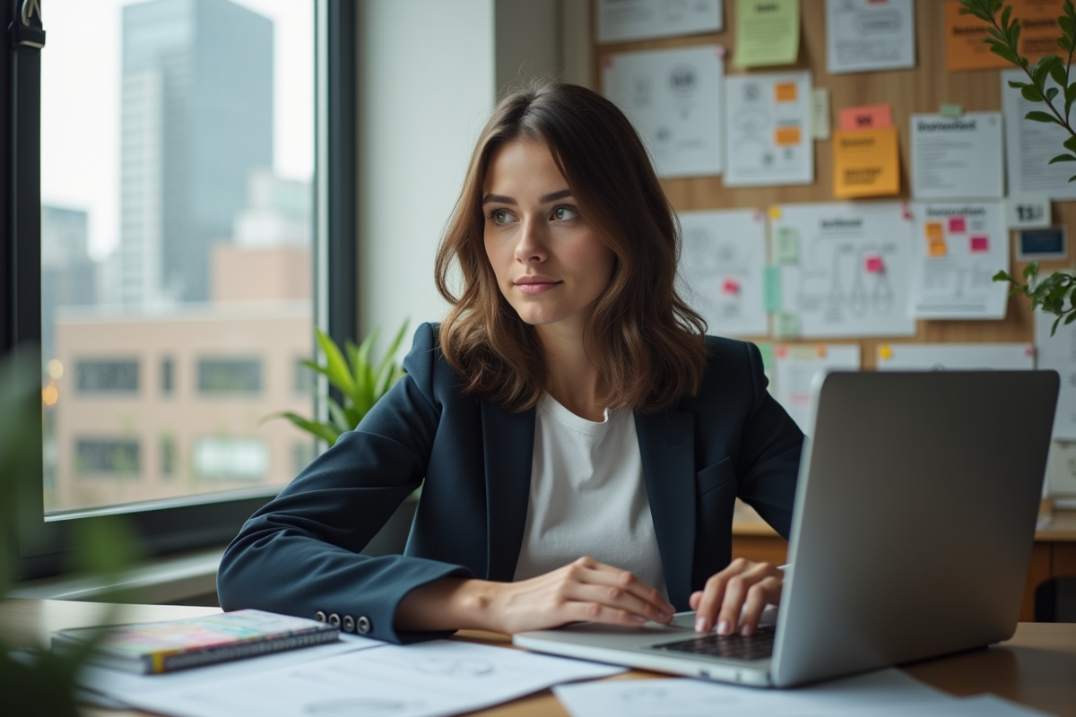 Jeune femme concentrée travaillant sur son ordinateur dans un espace créatif