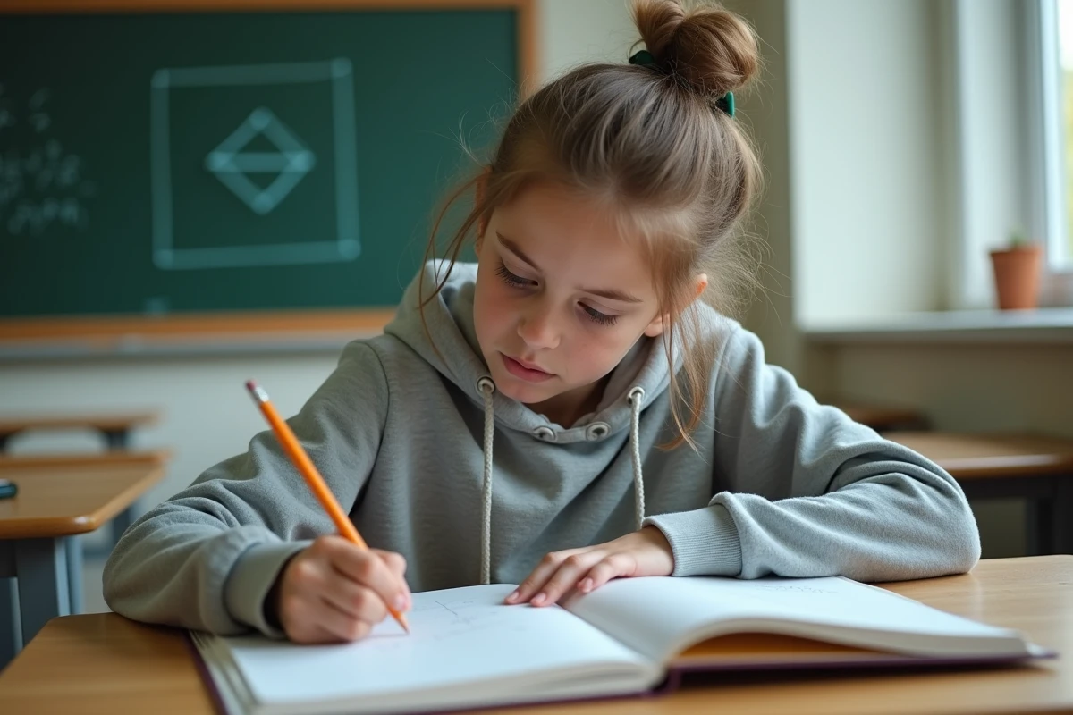 Jeune fille concentrée en mathématiques avec pyramide sur tableau