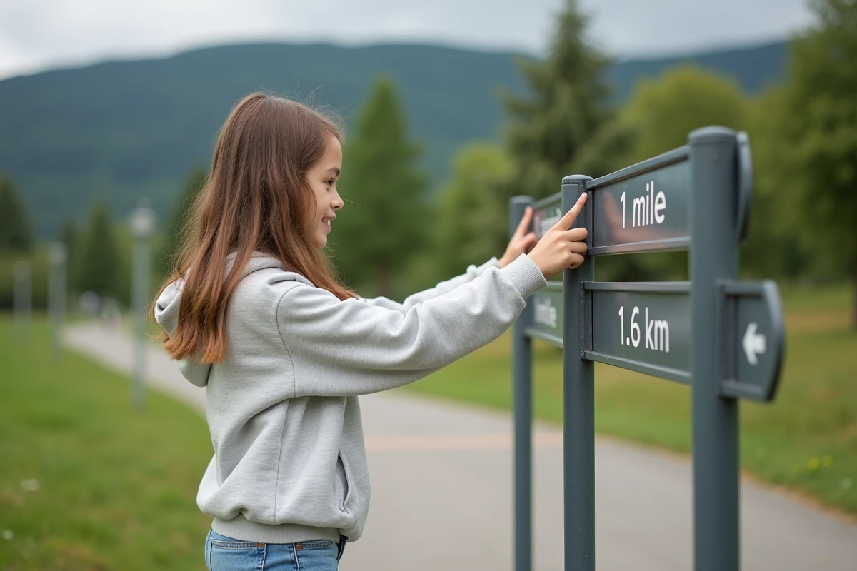 Jeune fille regardant des panneaux de distance en plein air