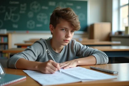 Adolescent concentré en classe avec livre de maths