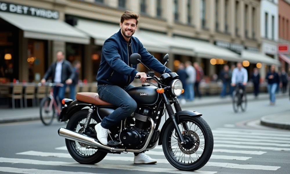 Jeune homme souriant sur une moto Dax 125 en ville
