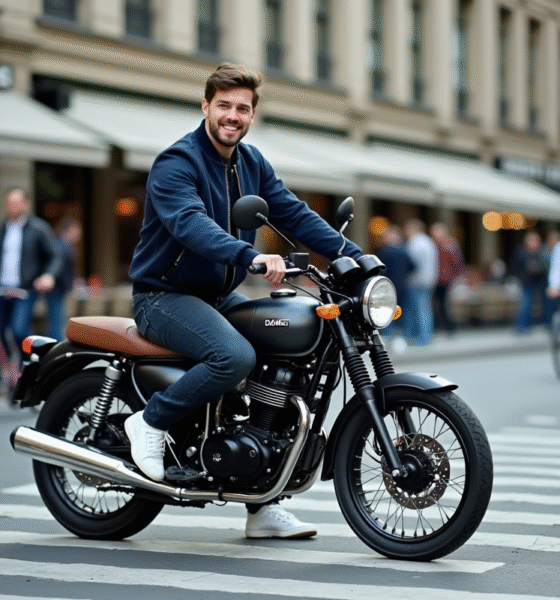 Jeune homme souriant sur une moto Dax 125 en ville