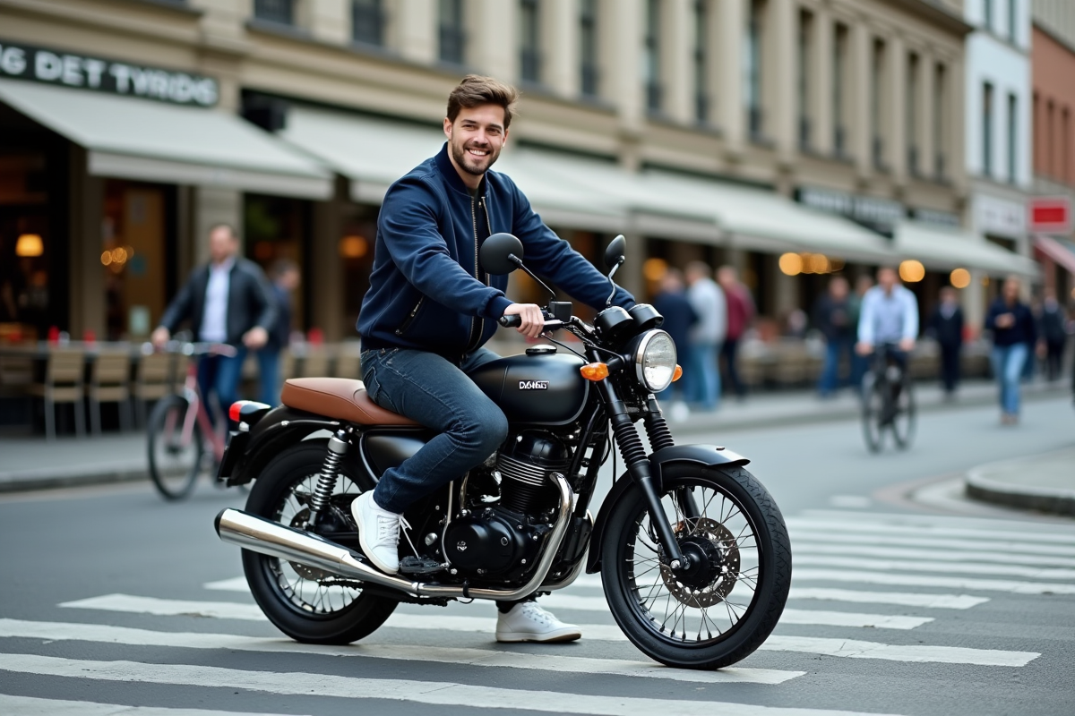 Jeune homme souriant sur une moto Dax 125 en ville