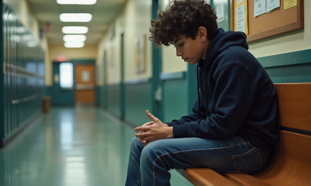 Adolescent pensif assis seul dans un couloir scolaire
