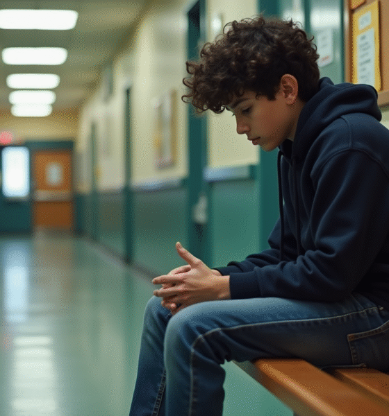 Adolescent pensif assis seul dans un couloir scolaire