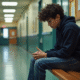 Adolescent pensif assis seul dans un couloir scolaire