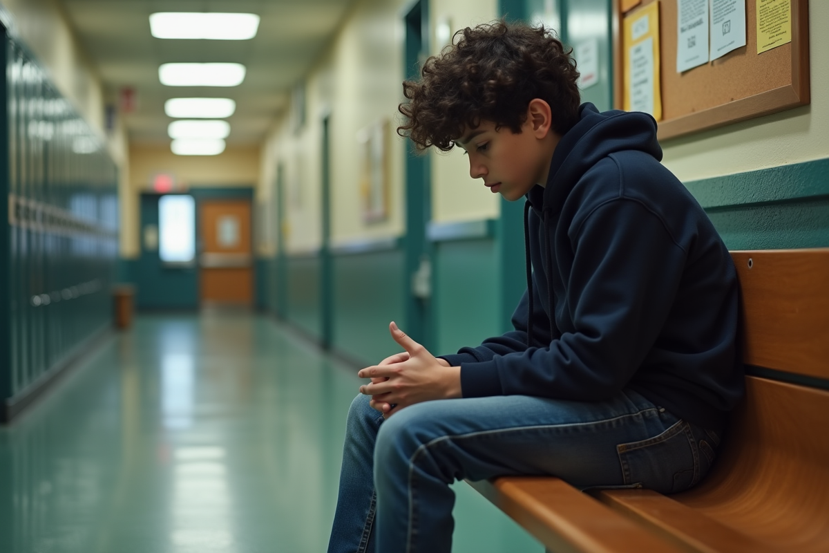 Adolescent pensif assis seul dans un couloir scolaire
