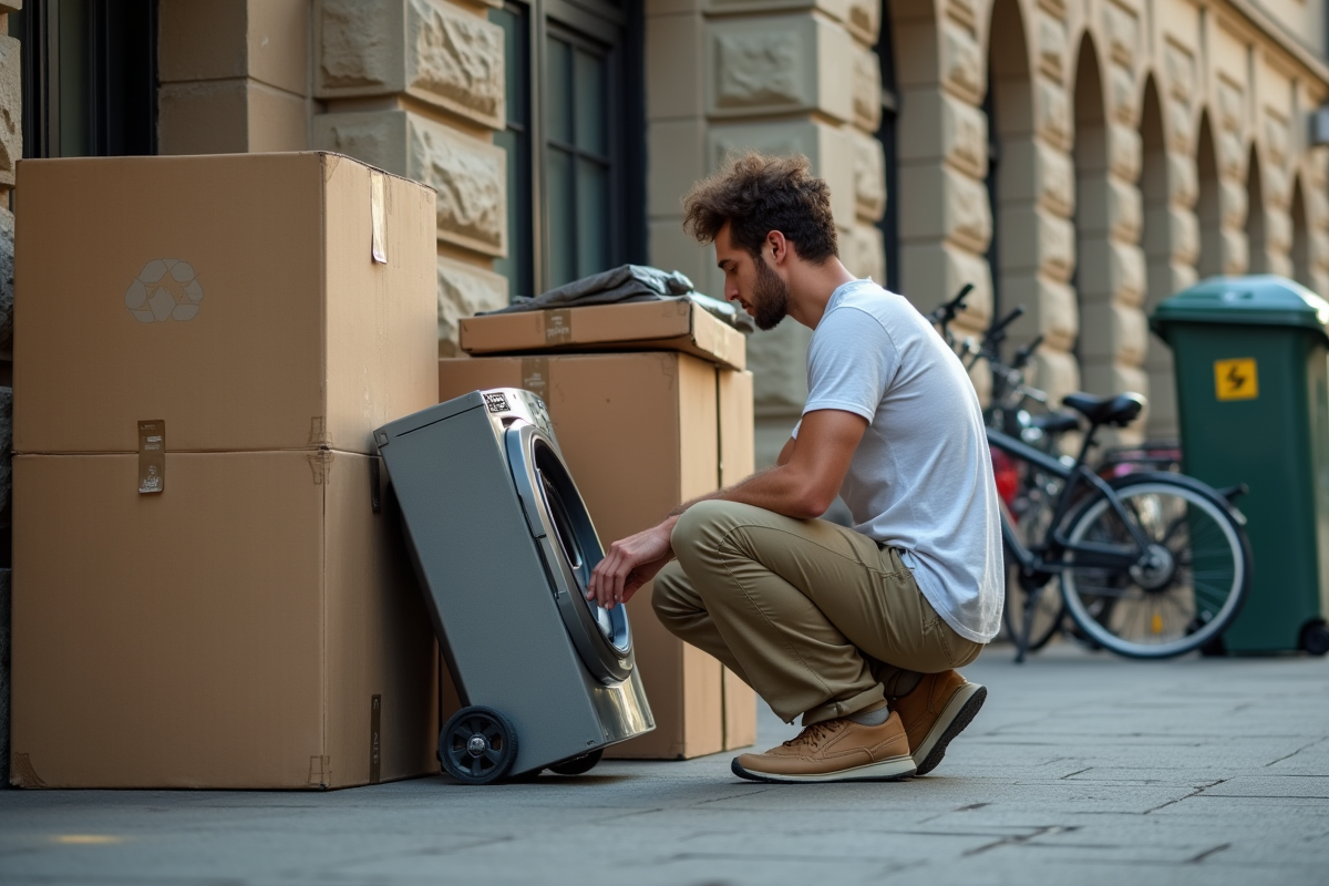 Jeune homme triant un appareil électroménager en ville