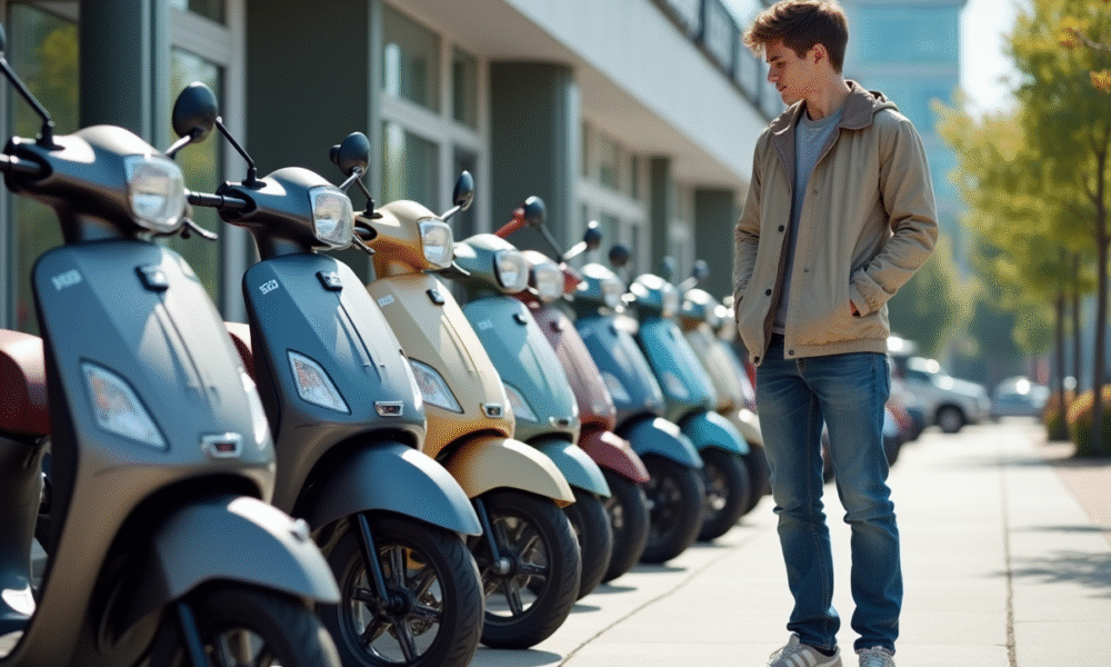 Jeune homme examine des scooters 50cc en concession