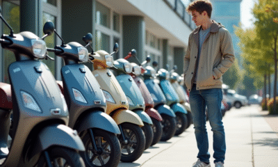 Jeune homme examine des scooters 50cc en concession